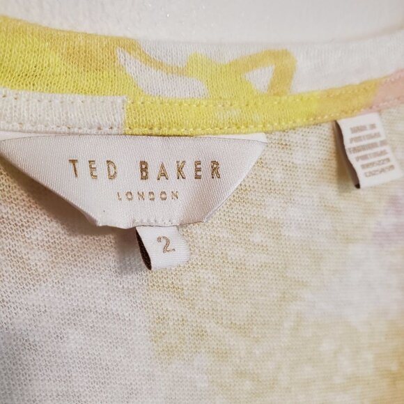 Ted Baker White/Yellow/Pink Watercolor Floral Ciana V-Neck Linen Top 2 - Picture 9 of 15